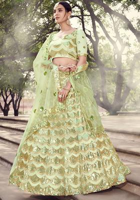 Parrot Green Sequin Embroidered Net Lehenga Set