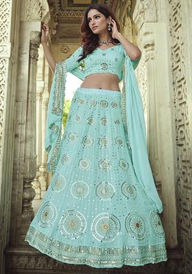 Blue Thread Sequin Embroidered Georgette Lehenga Set