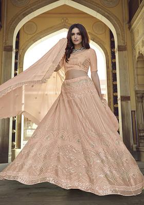 Peach Thread Sequin Embroidered Georgette Lehenga Set