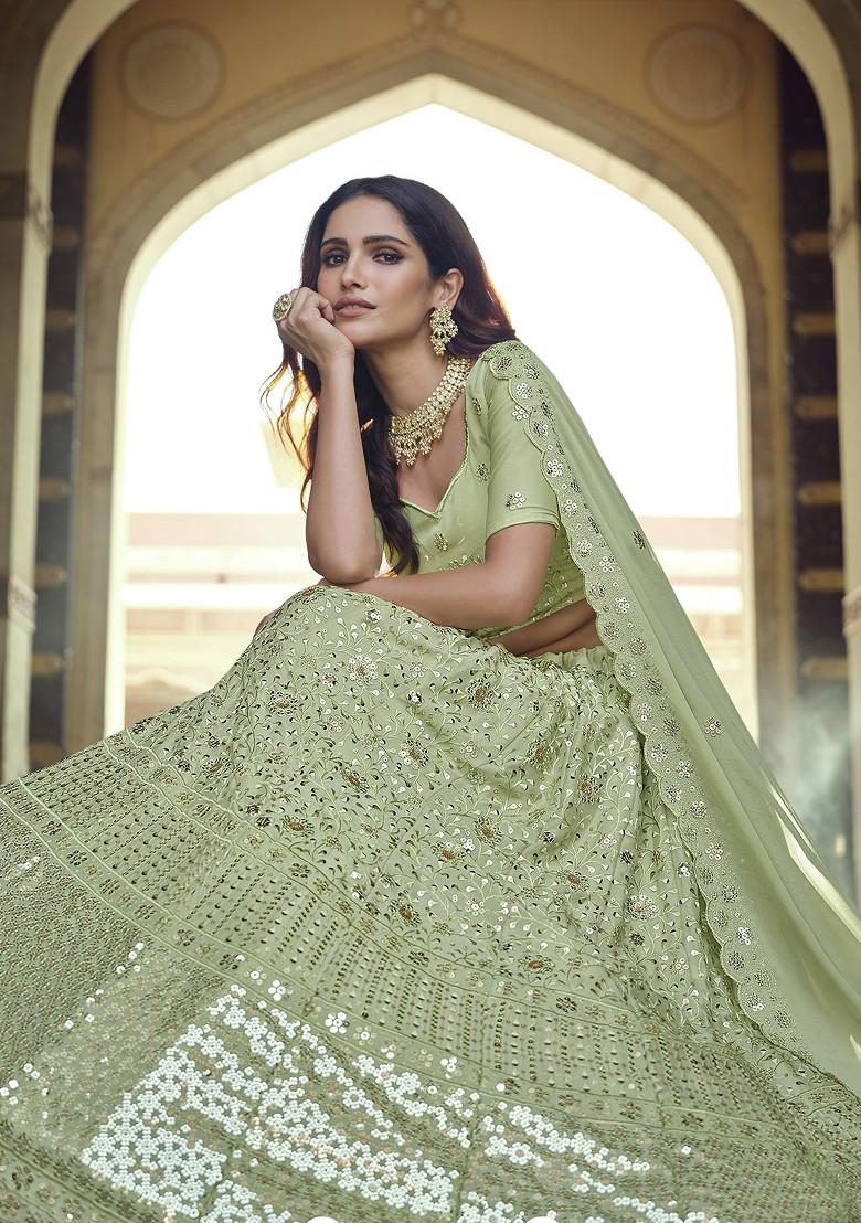 Green Thread Sequin Embroidered Georgette Lehenga Set