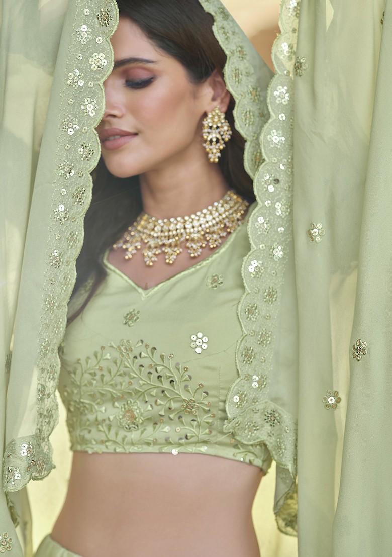 Green Thread Sequin Embroidered Georgette Lehenga Set