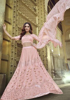 Peach Thread Embroidered Georgette Lehenga Set