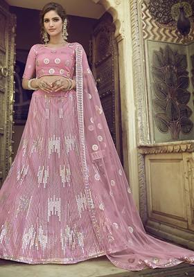 Light Pink Thread Sequin Embroidered Net Lehenga Set