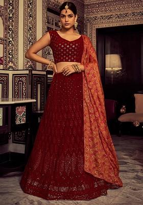 Maroon Embroidered Georgette Lehenga Set