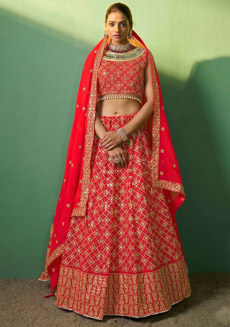 Rani Red Sequin Embroidered Lehenga Set for Diwali and Festive Wear - Indya