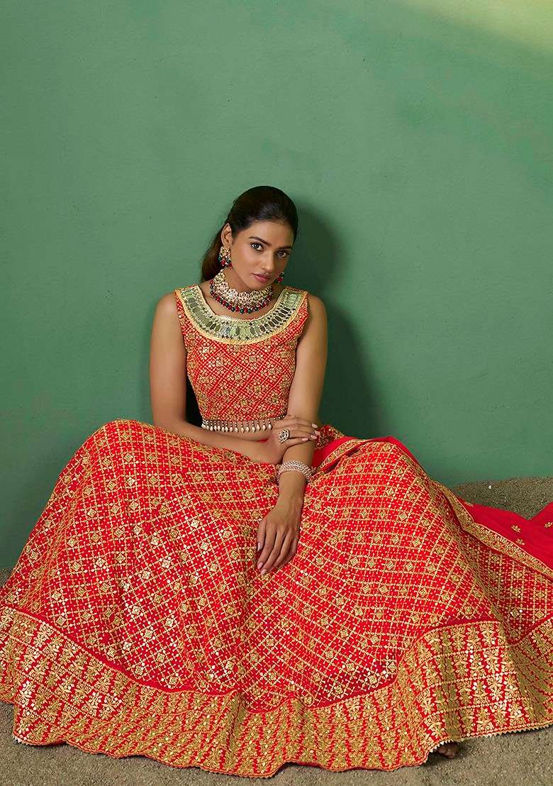 Rani Red Sequin Embroidered Lehenga Set for Diwali and Festive Wear - Indya