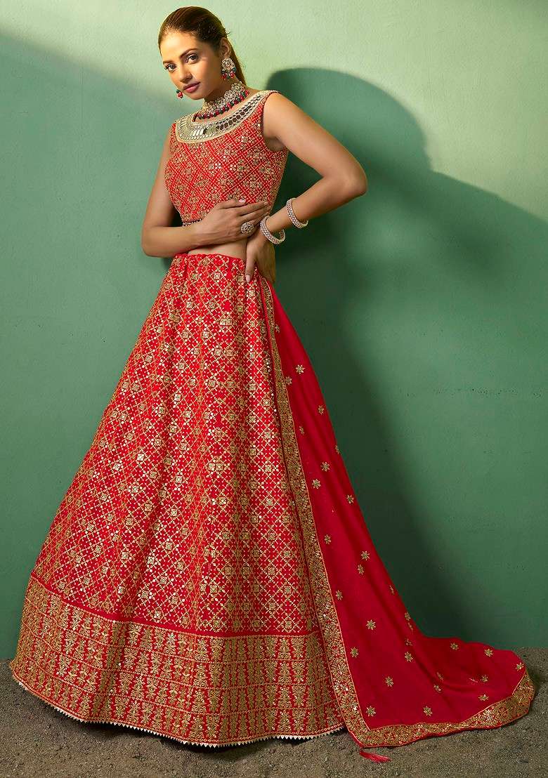 Rani Red Sequin Embroidered Lehenga Set for Diwali and Festive Wear - Indya