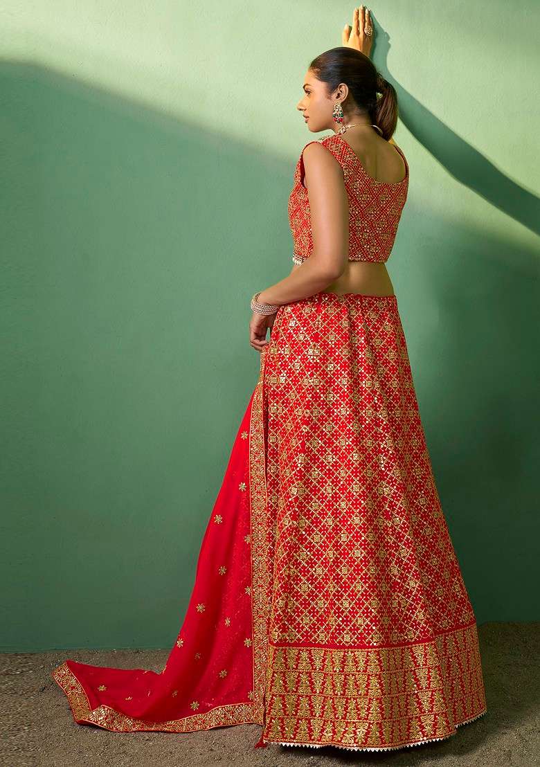 Rani Red Sequin Embroidered Lehenga Set for Diwali and Festive Wear - Indya