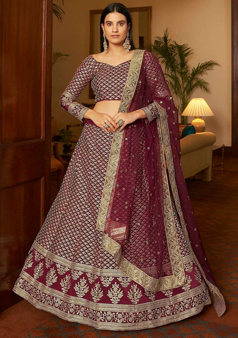 Maroon Sequin Embroidered Lehenga Set for Diwali and Festive Wear - Indya