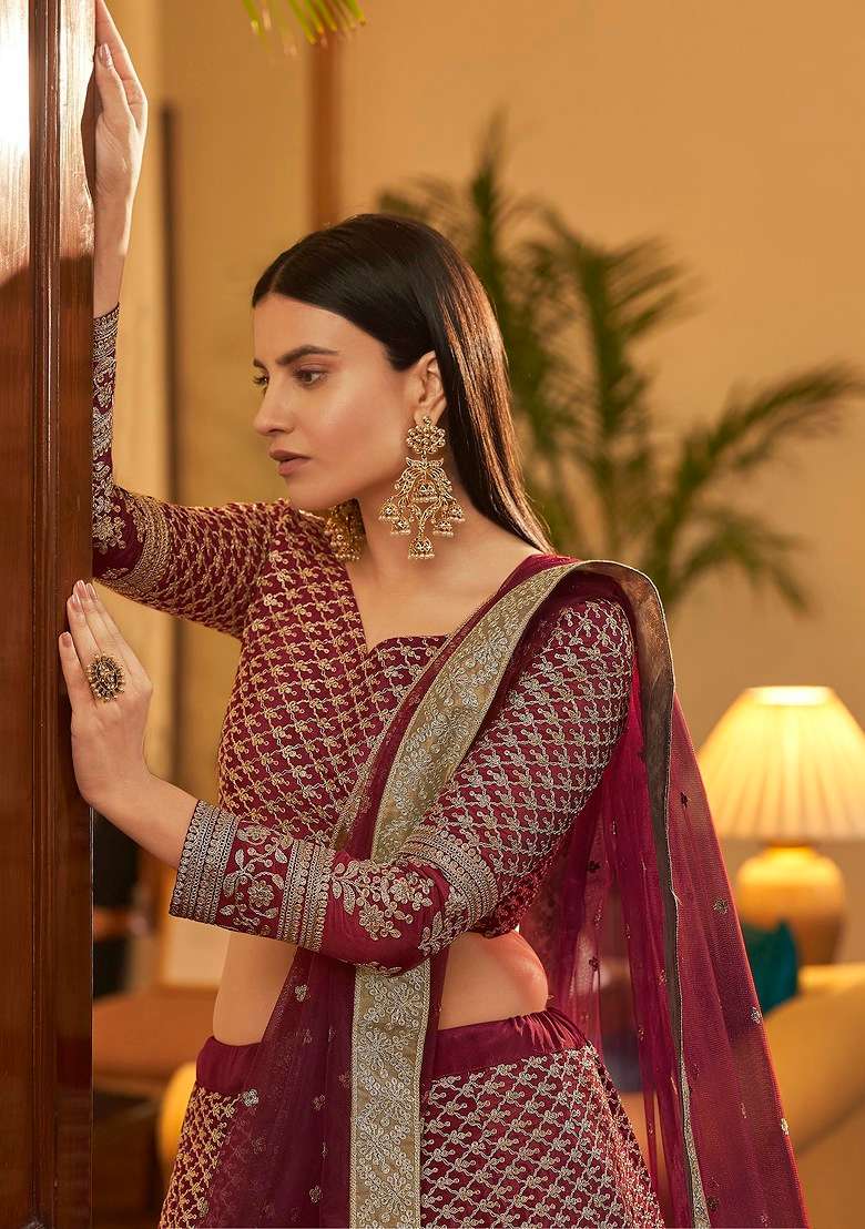 Maroon Sequin Embroidered Lehenga Set for Diwali and Festive Wear - Indya