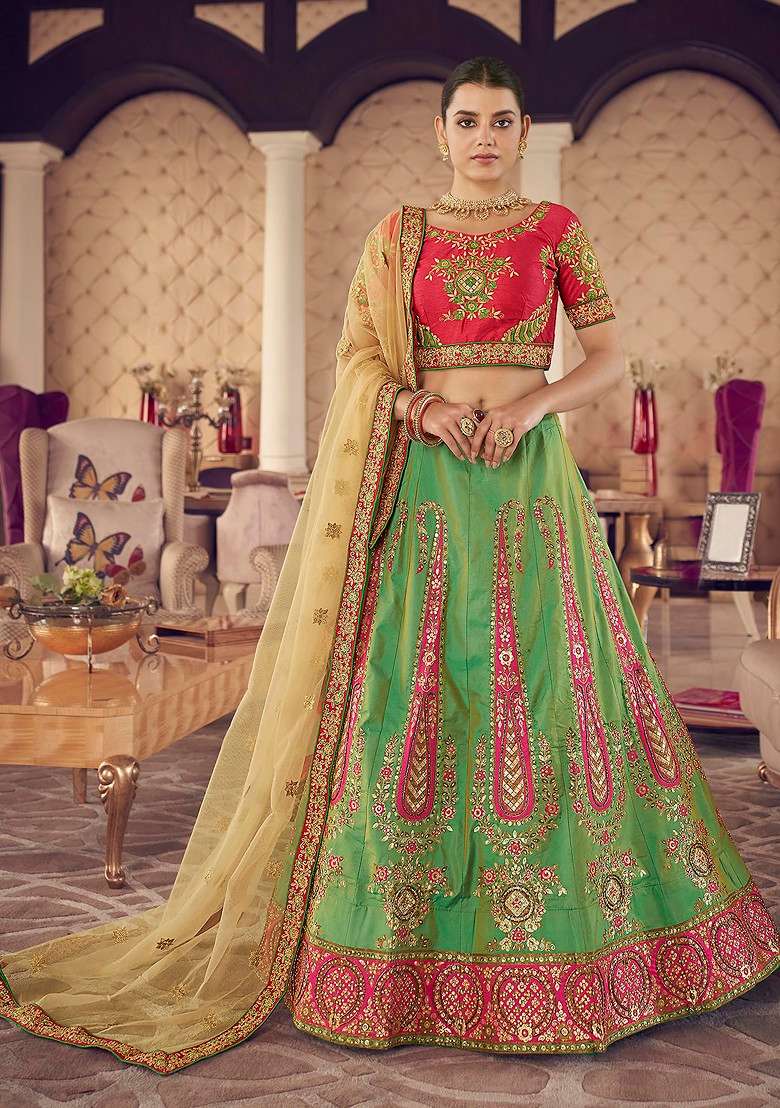 Parrot Green Thread Embroidered Lehenga Set for Diwali and Festive Wear - Indya