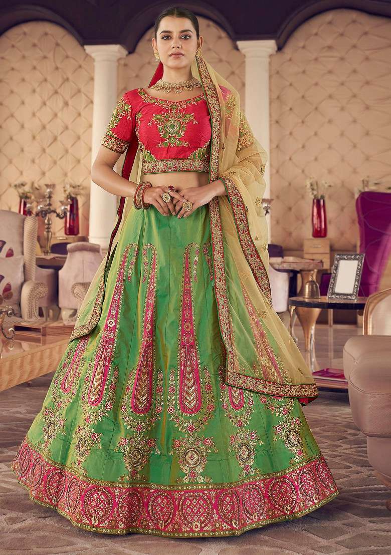 Parrot Green Thread Embroidered Lehenga Set for Diwali and Festive Wear - Indya