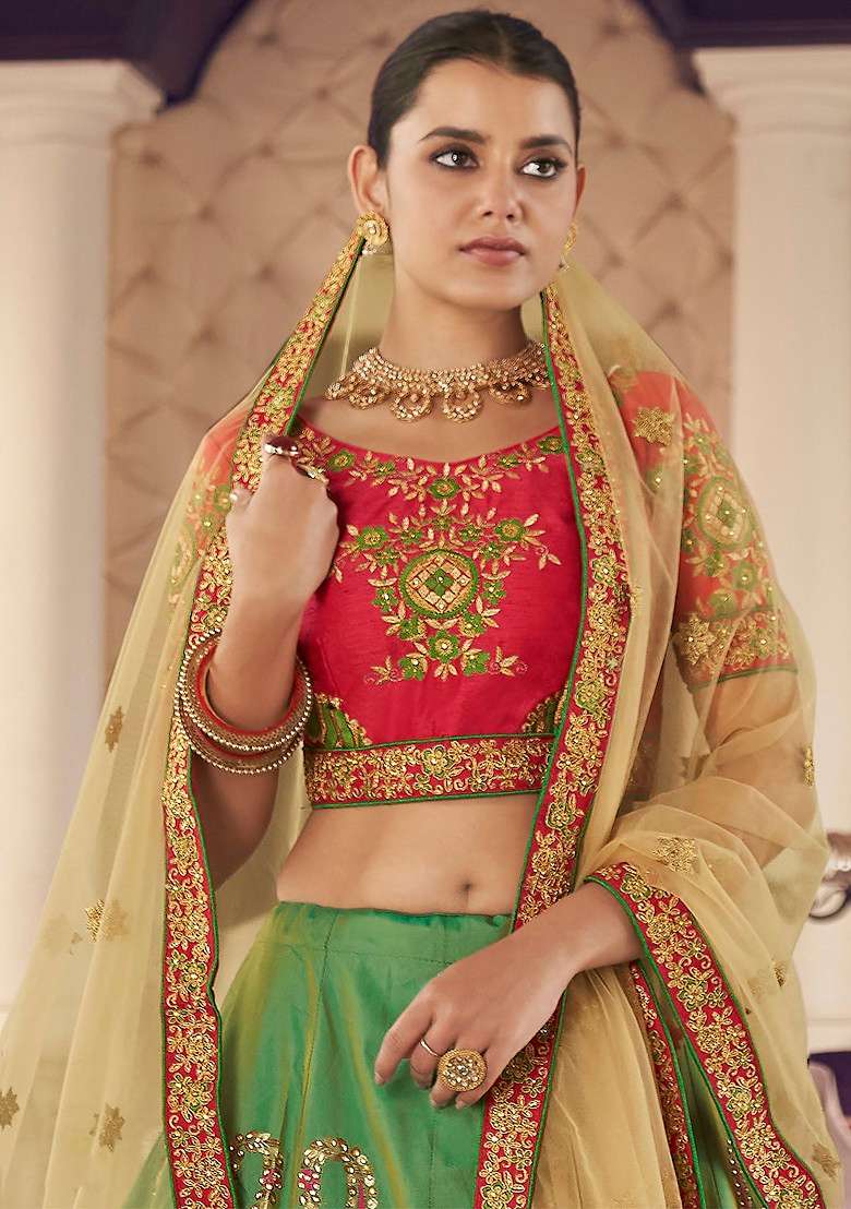 Parrot Green Thread Embroidered Lehenga Set for Diwali and Festive Wear - Indya