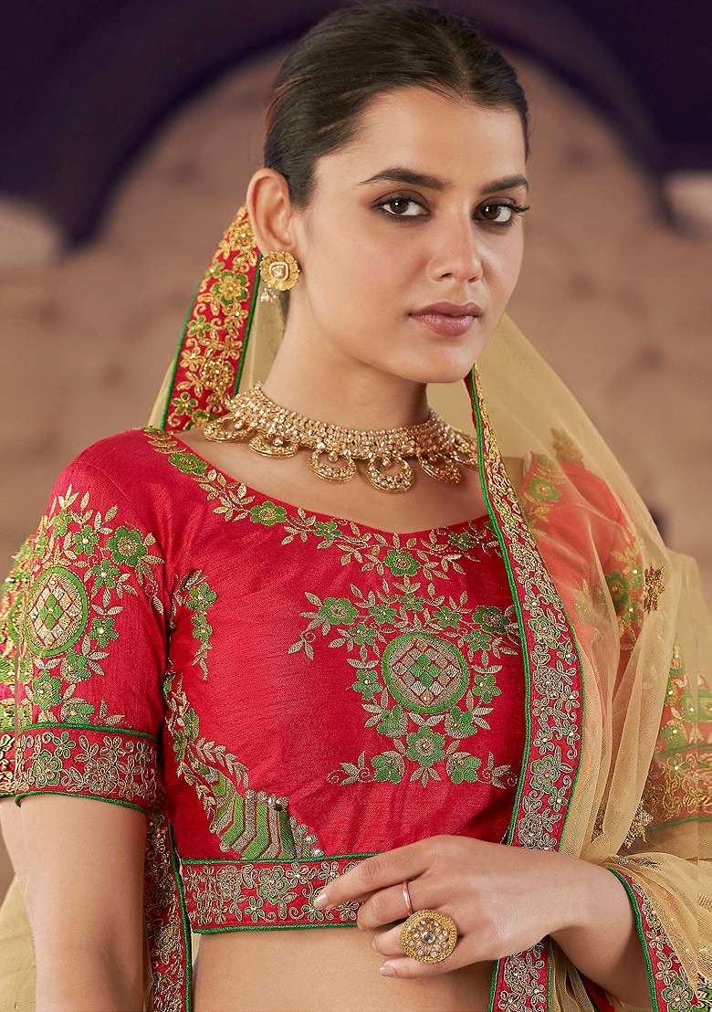 Parrot Green Thread Embroidered Lehenga Set for Diwali and Festive Wear - Indya