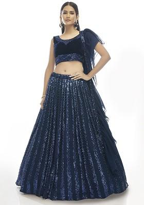 Navy Blue Thread Sequin Embroidered Lehenga Set