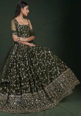 Dark Green Zari Thread Embroidered Lehenga Set