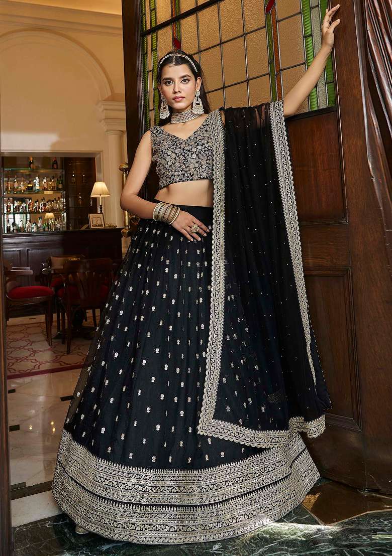 Black Thread Embroidered Lehenga Set - Indya