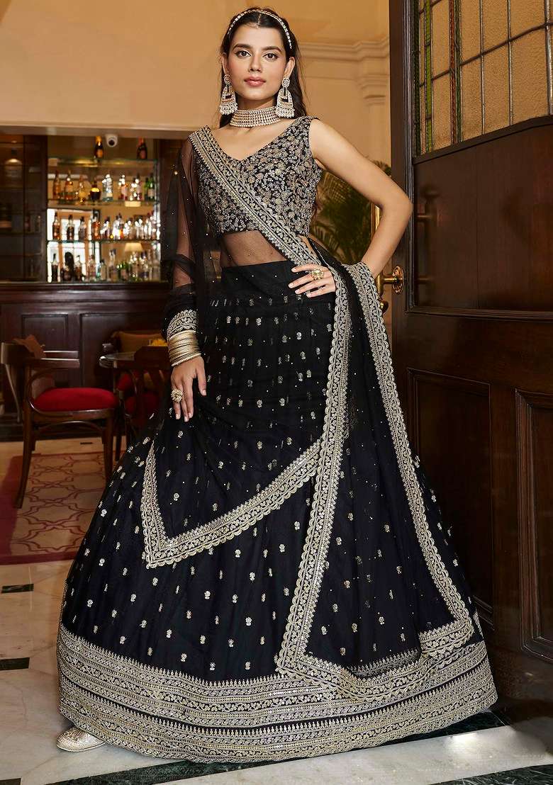 Black Thread Embroidered Lehenga Set - Indya