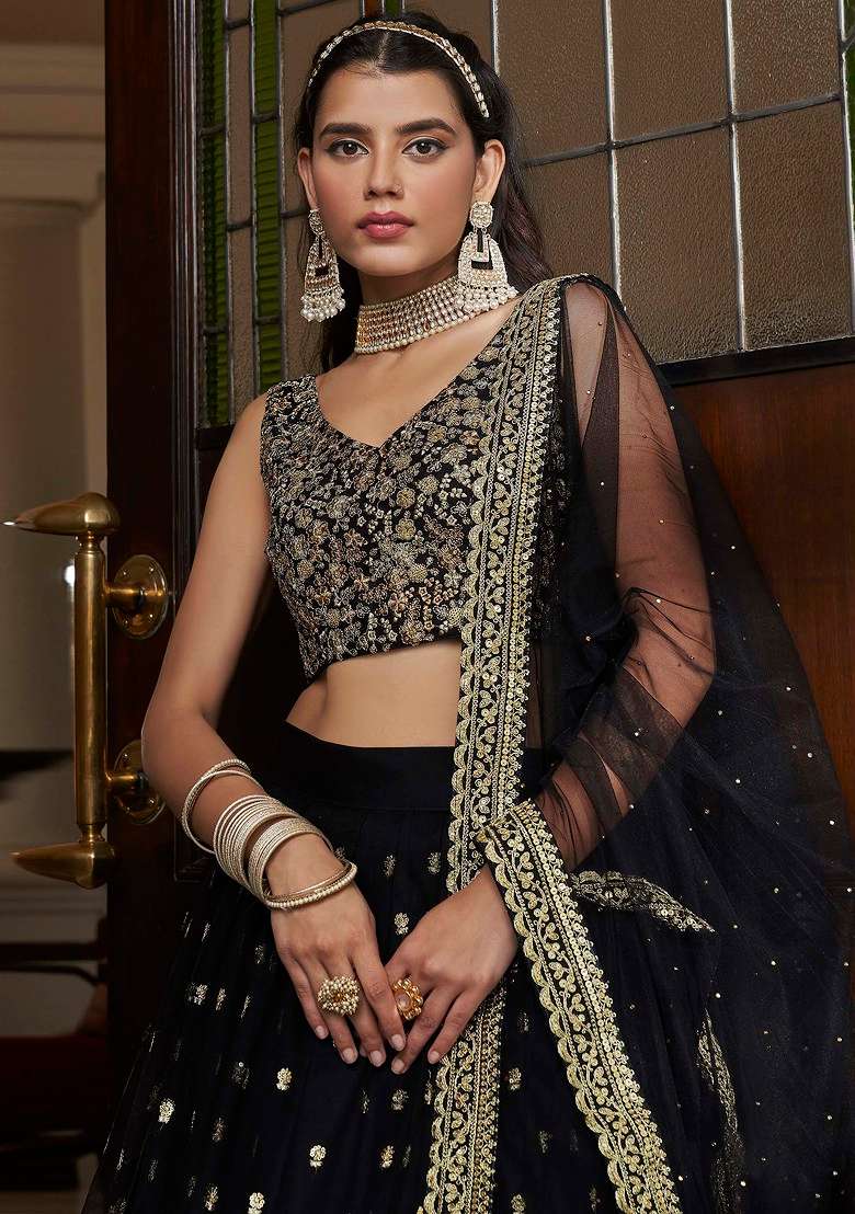 Black Thread Embroidered Lehenga Set - Indya