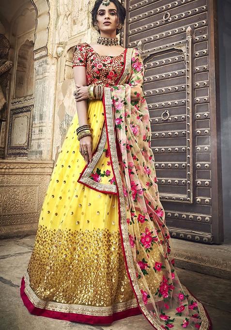 Yellow Sequin Embroidered Lehenga Set — view on Indya