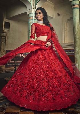 Red Sequin Embroidered Net Lehenga Set