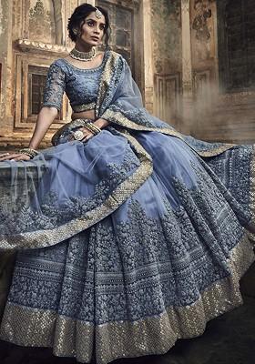 Grey Sequin Embroidered Net Lehenga Set