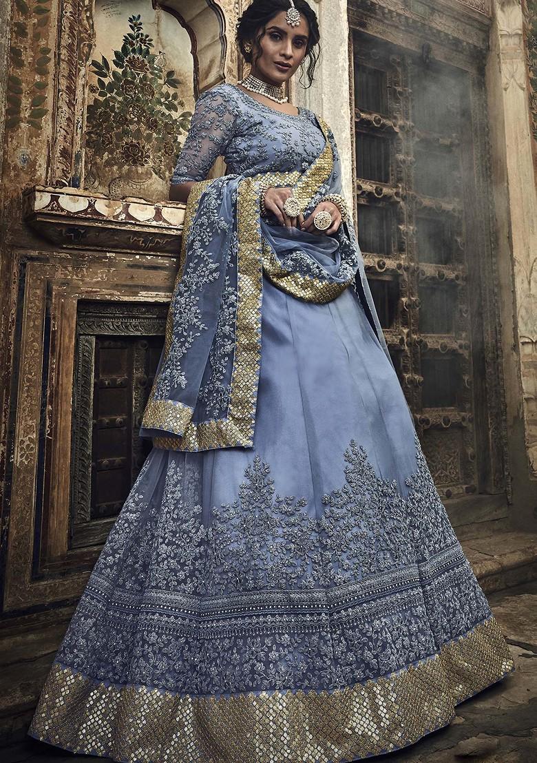 Grey Sequin Embroidered Net Lehenga Set