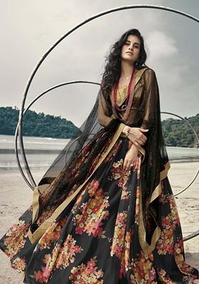 Black Floral Print Lehenga Set