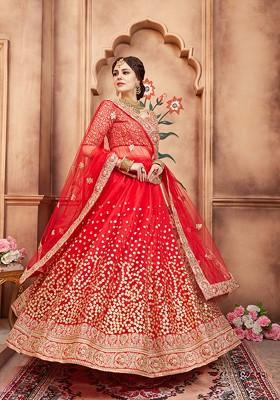 Red Embroidered Net Lehenga Set