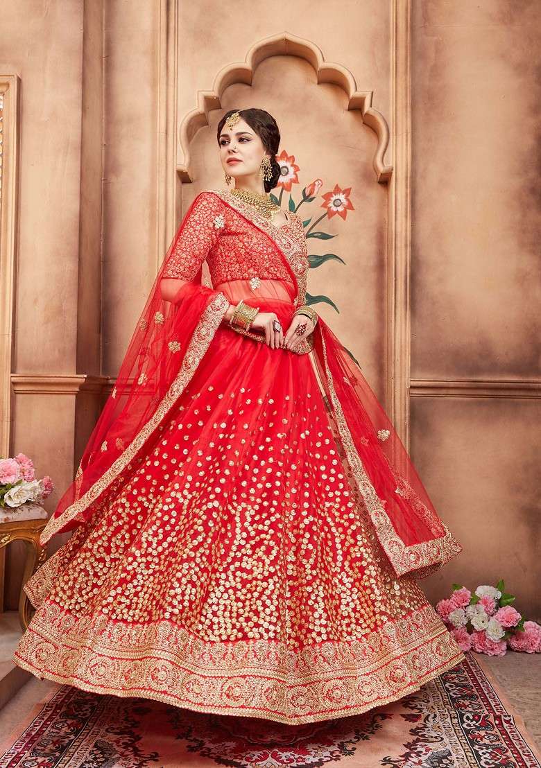 Red Embroidered Net Lehenga Set for Diwali and Festive Wear - Indya