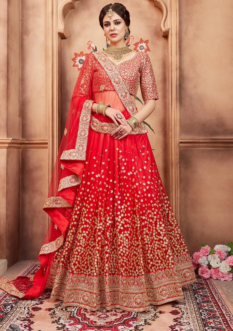 Red Embroidered Net Lehenga Set