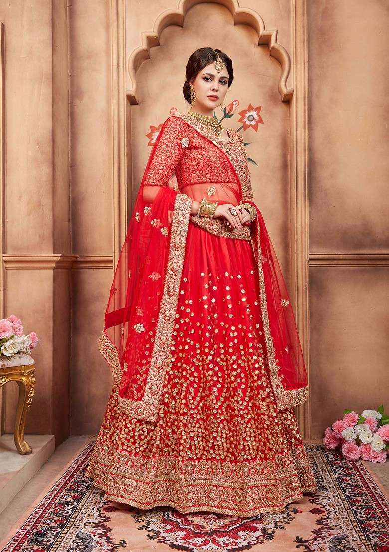 Red Embroidered Net Lehenga Set for Diwali and Festive Wear - Indya