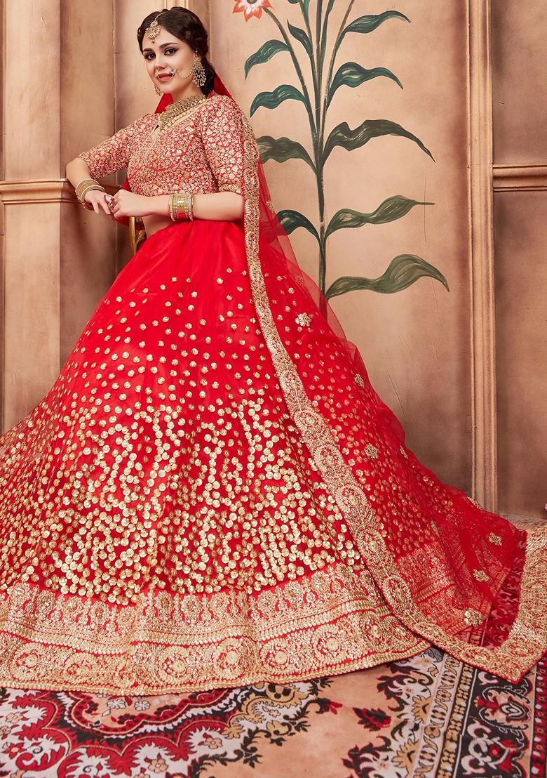 Red Embroidered Net Lehenga Set