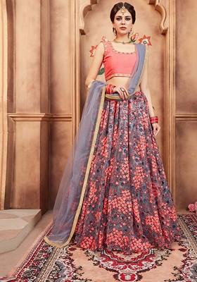 Grey Embroidered Net Lehenga Set