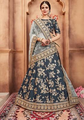 Parrot Green Embroidered Art Silk Lehenga Set