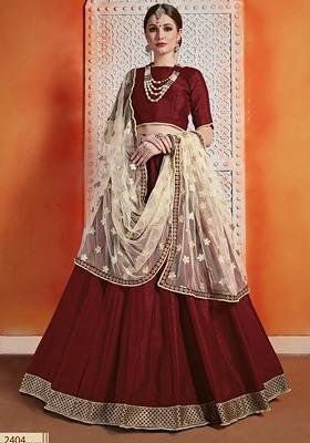 Maroon Embroidered Silk Lehenga Set