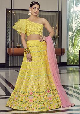 Lime Yellow Embroidered Silk Lehenga Set