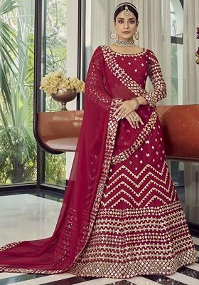 Coral Pink Embroidered Georgette Lehenga Set