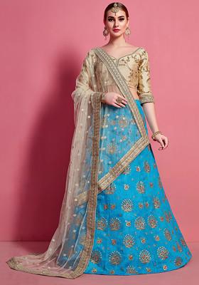Sky Blue Embroidered Silk Lehenga Set
