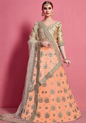 Peach Embroidered Silk Lehenga Set