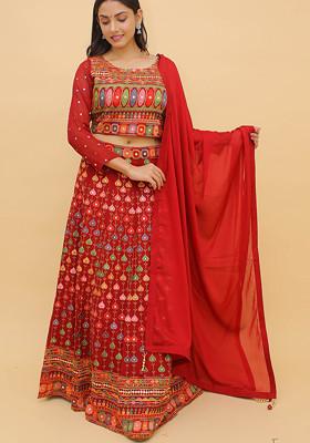 Red Thread Embroidered Georgette Lehenga Set