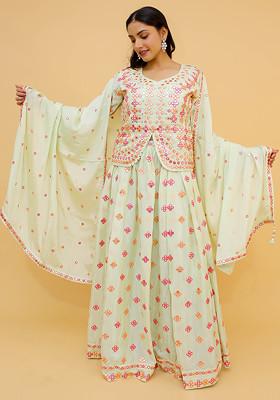 Pista Green Mirror Thread Embroidered Lehenga Set