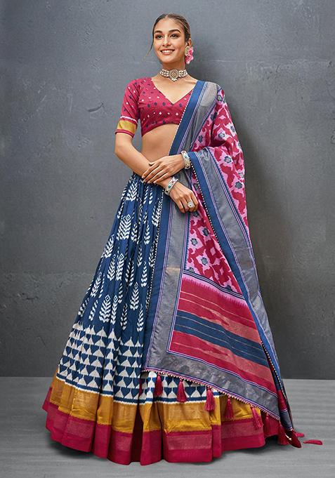 Blue Printed Tussar Silk Lehenga Choli Set