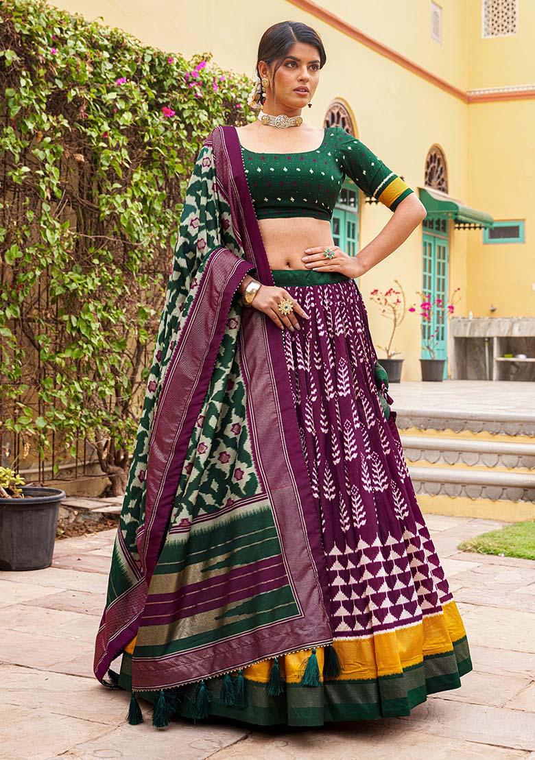 Wine Printed Tussar Silk Lehenga Choli Set
