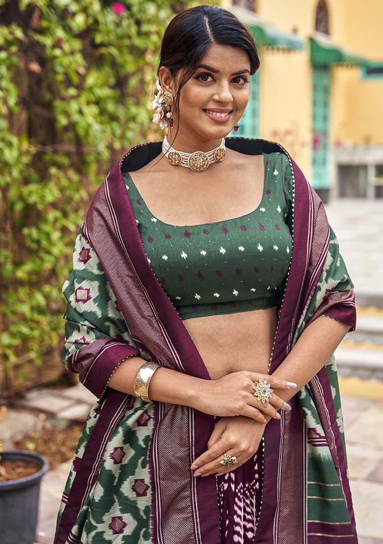 Wine Printed Tussar Silk Lehenga Choli Set