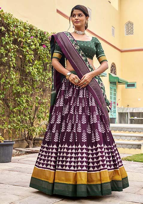 Wine Printed Tussar Silk Lehenga Choli Set