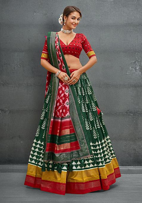 Green Printed Tussar Silk Lehenga Choli Set