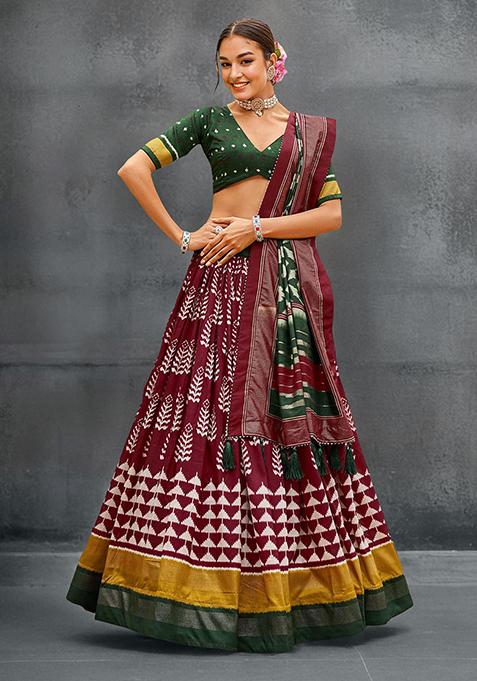 Maroon Printed Tussar Silk Lehenga Choli Set