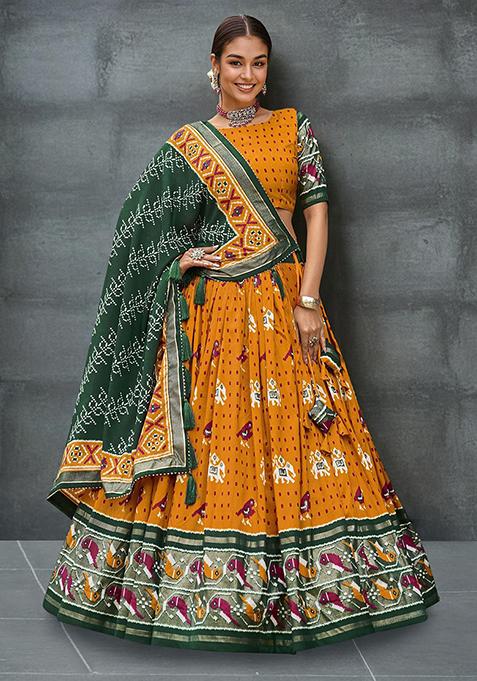 Mustard Foil Print Tussar Silk Lehenga Choli Set