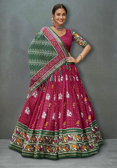 Red Foil Print Tussar Silk Lehenga Choli Set